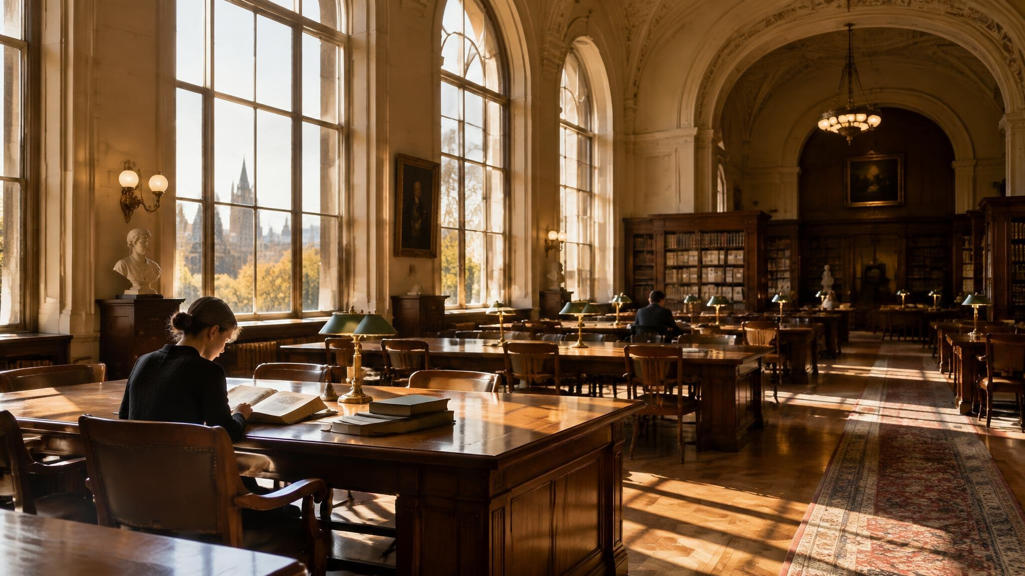 Elegant reading room with tall windows and warm afternoon light