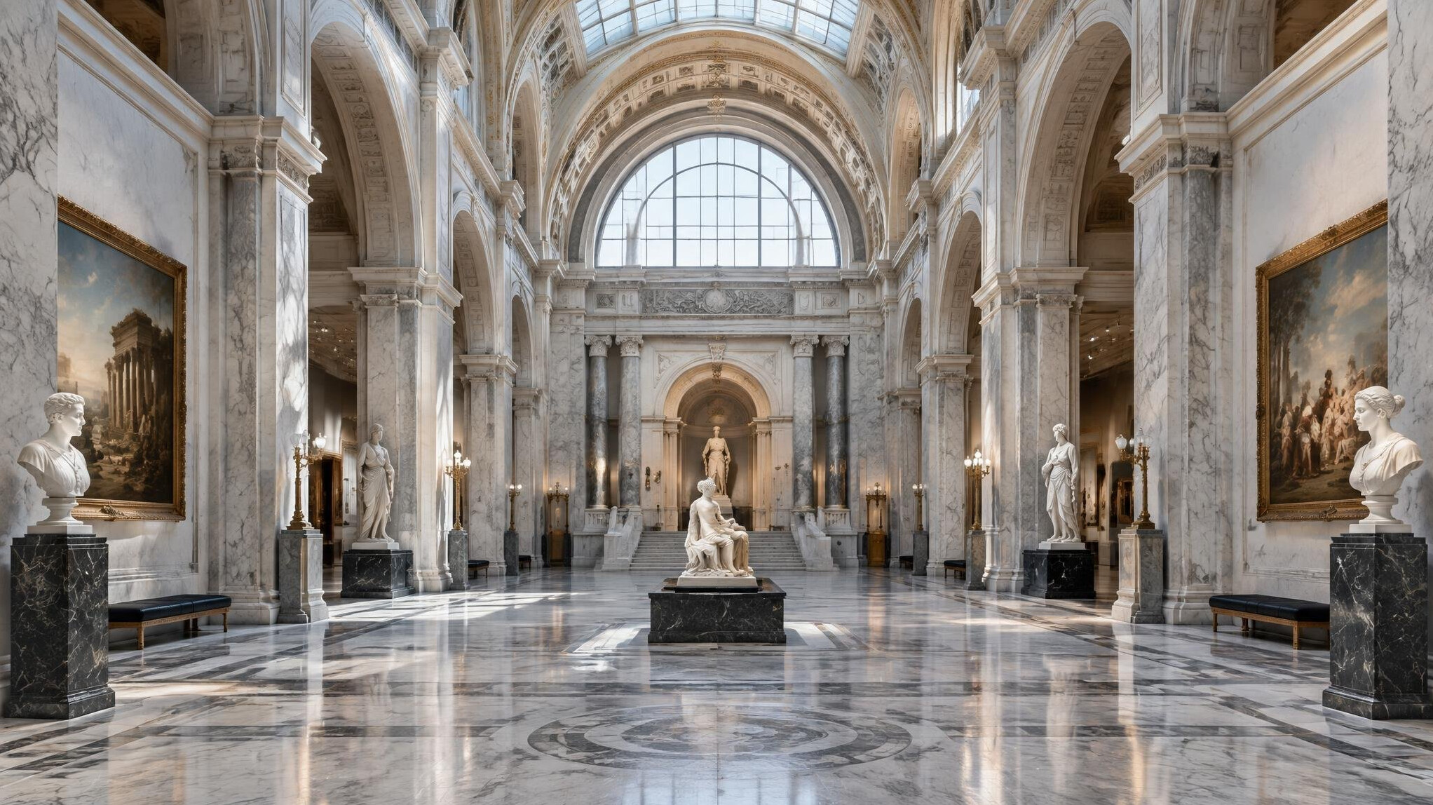 Interior of a grand marble museum hall with arched ceilings