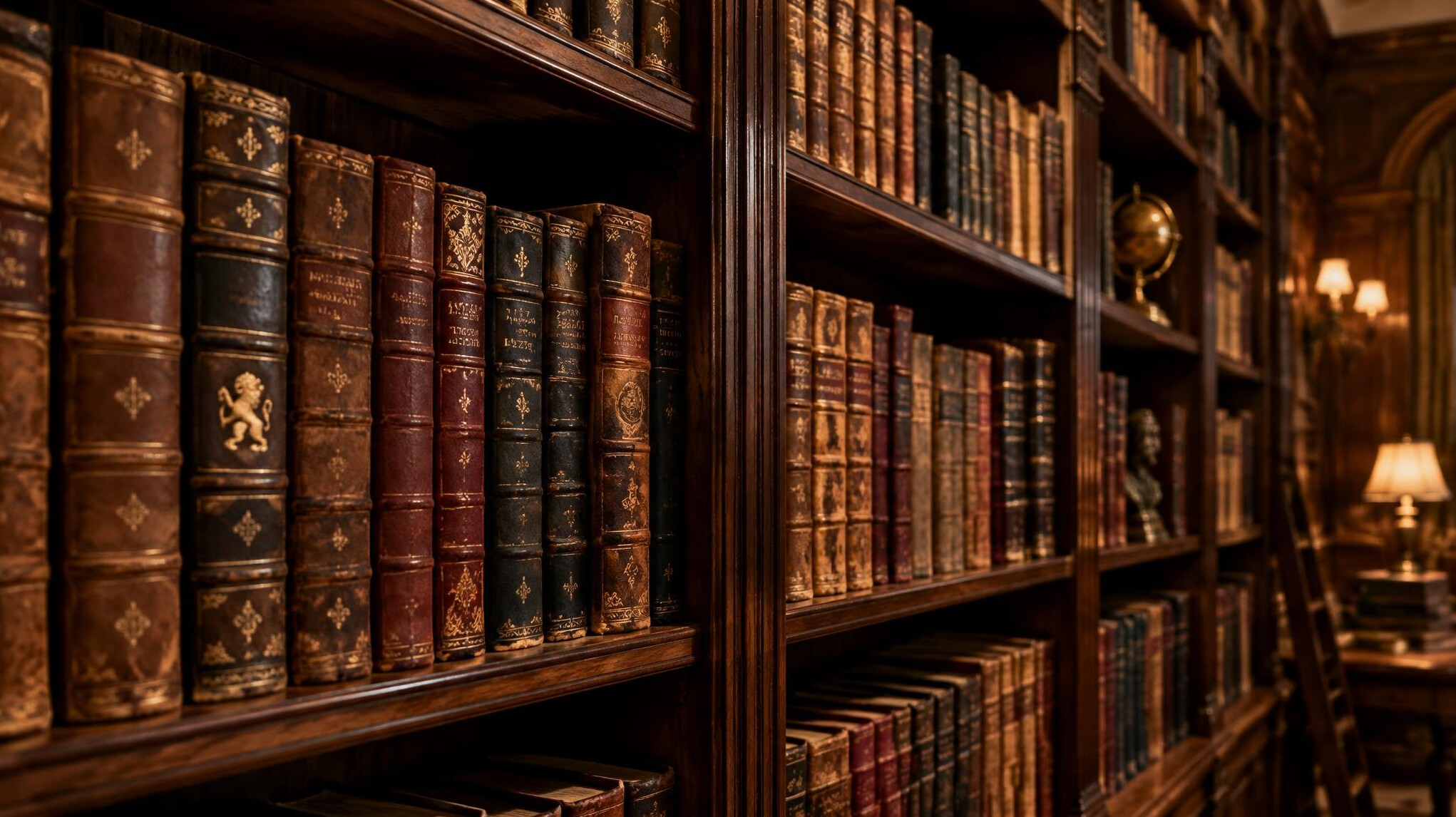Rows of leather-bound historical books on wooden library shelves