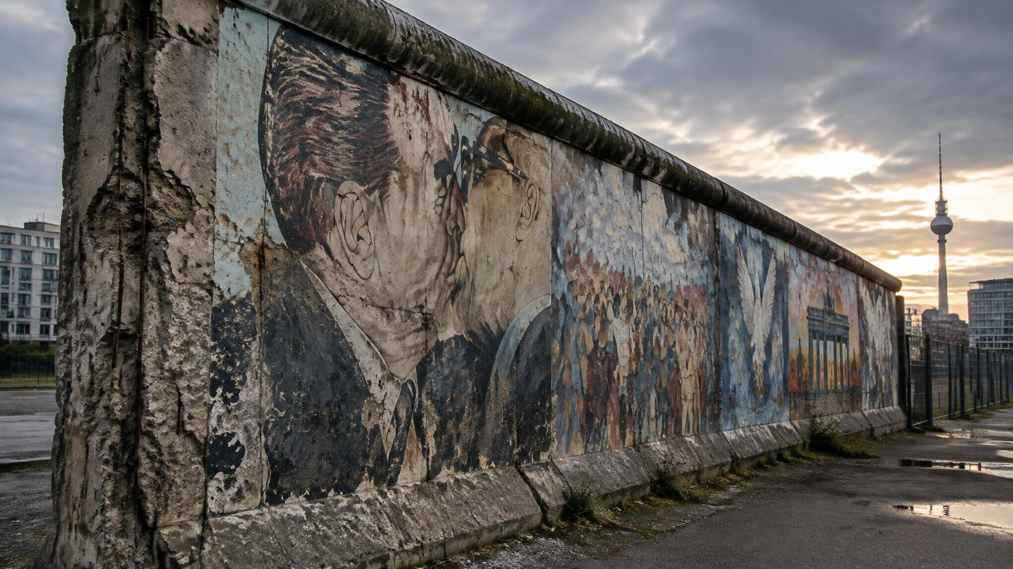 Remnant of a concrete border wall with painted murals
