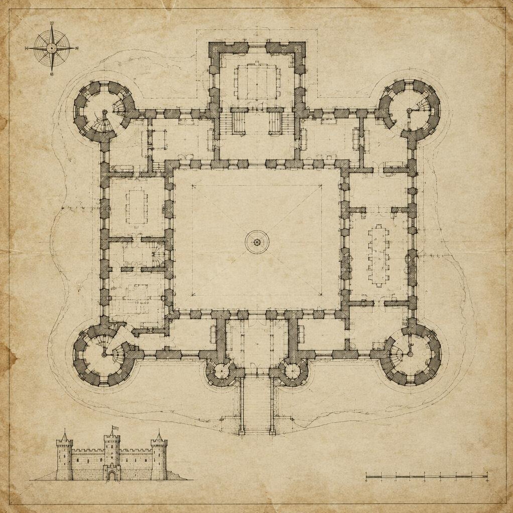 Hand-drawn architectural blueprint of a castle floor plan