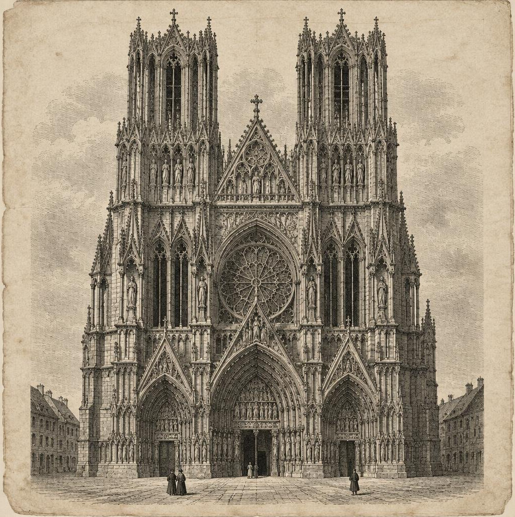 Detailed architectural engraving of a cathedral facade