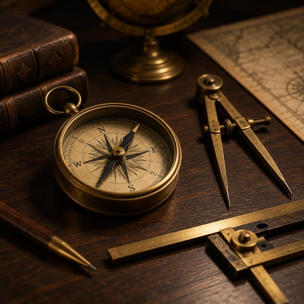 Antique brass compass and measuring instruments on a wooden table