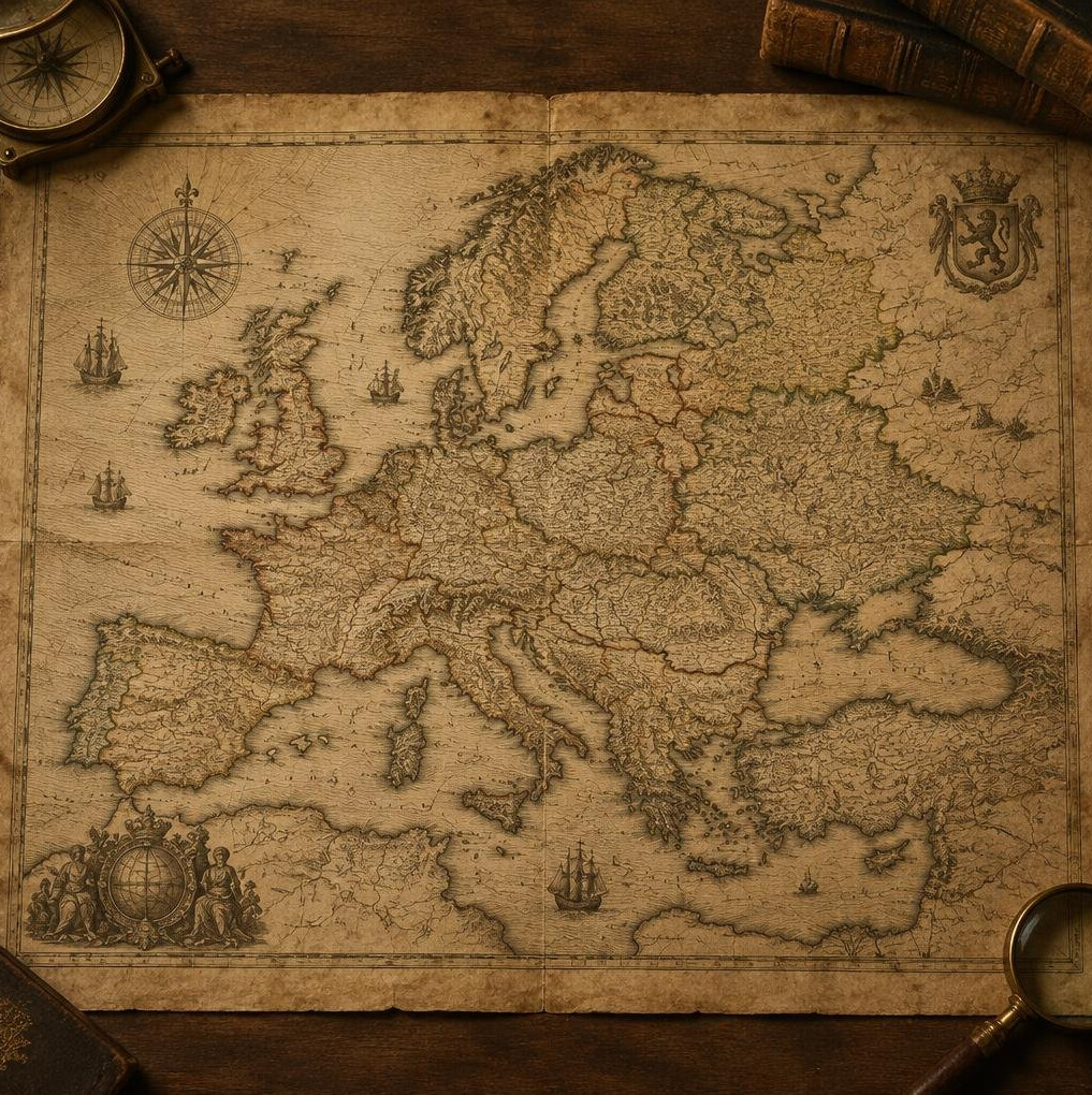 Old engraved map of European territories on aged parchment